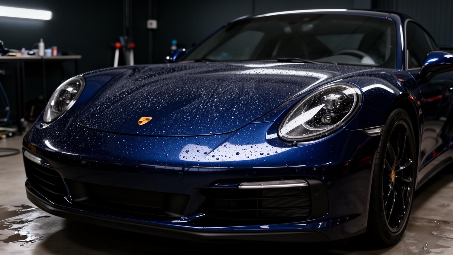 Navy blue sports car with fresh ceramic coating in the NTX Auto Care detailing studio